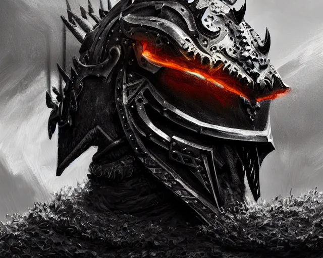 Image similar to realistic side view painting of the king of the mountain, angry, black iron armour, sword, lava, dramatic lighting, intricate, wild, highly detailed, digital painting, artstation, concept art, smooth, sharp focus, illustration