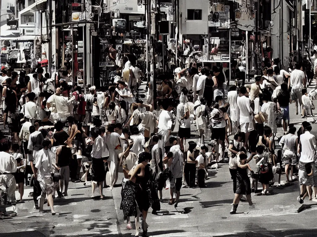 Prompt: color photography in a busy street in a heatwave, by trent parke and gruyaert