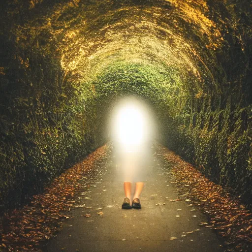 Image similar to tunnel of leaves, moody atmosphere, late summer, hazy, glowing lights, spiral, lost woman, dreamy