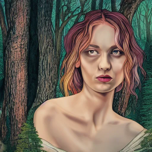 Image similar to portrait of a strange, gorgeous and mystical woman in the woods, trees in the background, evening lighting, 4k, detailed, in the style of Greg Capullo