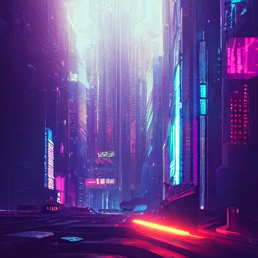 Image similar to a digital painting of a city at night, cyberpunk art by mike winkelmann, artstation, panfuturism, dystopian art, retrowave, synthwave