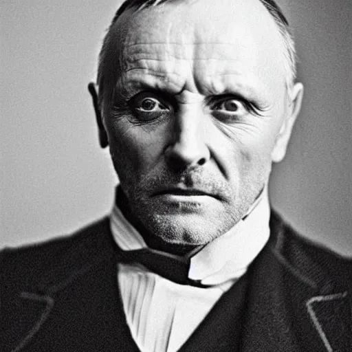 Prompt: headshot edwardian photograph of anthony hopkins, mads mikkelsen, arthur shelby, terrifying, scariest looking man alive, 1 8 9 0 s, london gang member, intimidating, fearsome, realistic face, peaky blinders, 1 9 0 0 s photography, 1 9 1 0 s, grainy, blurry, very faded!