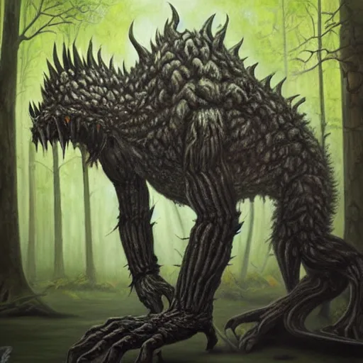 Image similar to hyperrealistic oil painting, super detailed, scary monster made by tar, in the forest, award winning,