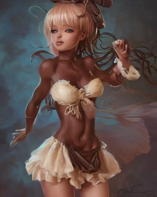 Image similar to a ( girl as personification of chocolate cupcake ), fantasy bakery, digital art by artgerm, krenz cushart, laurie greasly, wlop, intricate, ( highly detailed figure ), sharp focus, smooth, epic composition, joyful, unreal engine