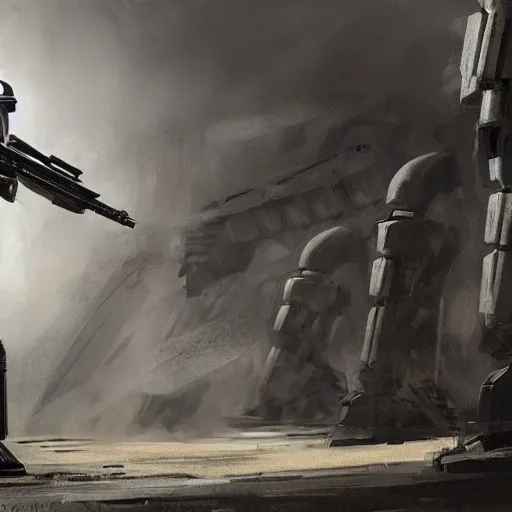 Image similar to an extremely long shot of an imperial stormtrooper in battle position ready to shoot his blaster concept art by Doug Chiang cinematic, realistic painting, high definition, very detailed, extremely high detail, photo realistic, concept art, the Mandalorian concept art style