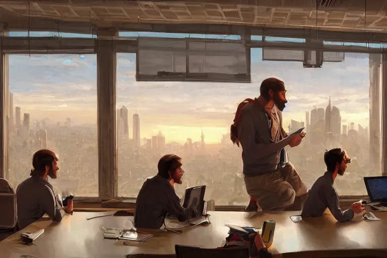 Image similar to monkey employees setting on glorious meeting room, papers and bananas scattered on the table, sunset, buildings and skyline showing from windows, fine art, artstation, matte painting, masterpiece by vasnetsov