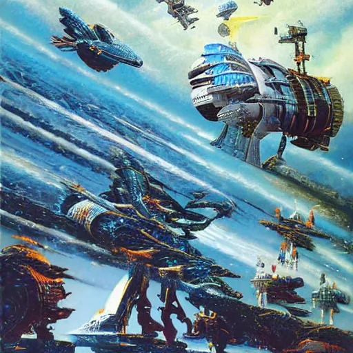 Prompt: Michael Whelan, John Harris, David Hardy, John Berkey, Chris Foss, Chris Moore, Vincent Di Fate, Jim Burns