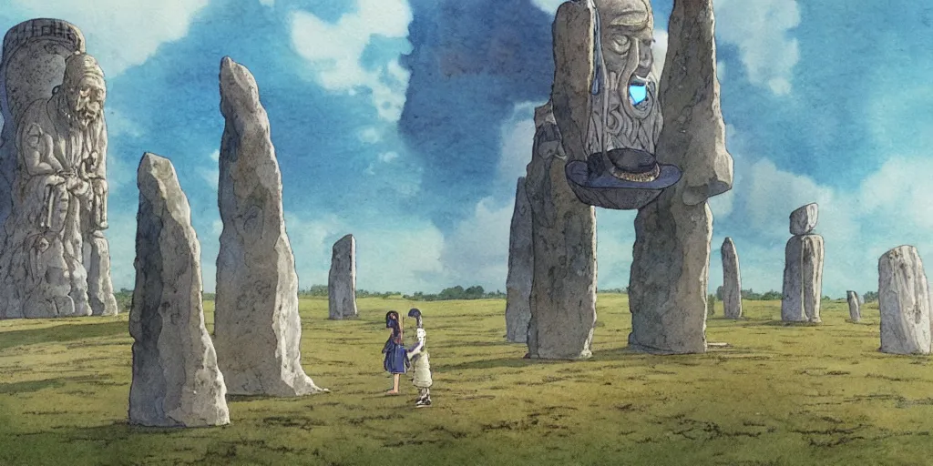 Image similar to a hyperrealist studio ghibli watercolor fantasy concept art of a giant chinese god and a small grey alien in stonehenge in the early morning. a giant gold ufo is floating in the air. by rebecca guay, michael kaluta, charles vess