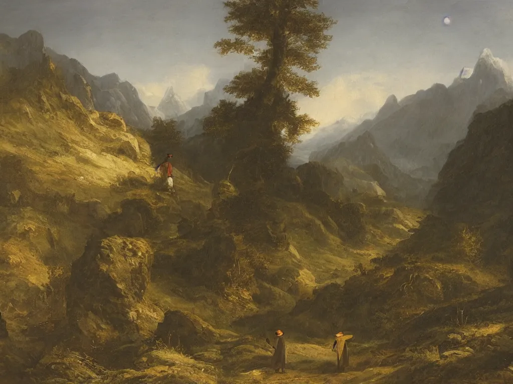 Image similar to a man in a cloak and a brimmed hat with a staff is wandering trough the mountains with a wooden cabin in the distance in the style of neo-romanticism