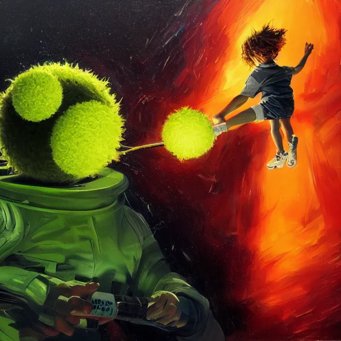 Image similar to cinematic portrait of a tennis ball monster in the abyss of space, oil on canvas, masterpiece, trending on artstation, featured on pixiv, cinematic composition, dramatic pose, beautiful lighting, sharp details, hyper-detailed, HD, HDR, 4K, 8K, art by Basil Gogos