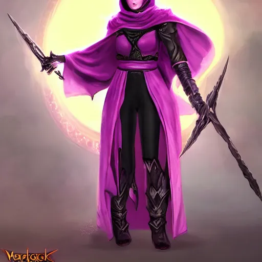 Prompt: female warlock long hood cloak purple, fighting dark evil monster from hell in magic world, 8 k, trending on artstation by tooth wu ”