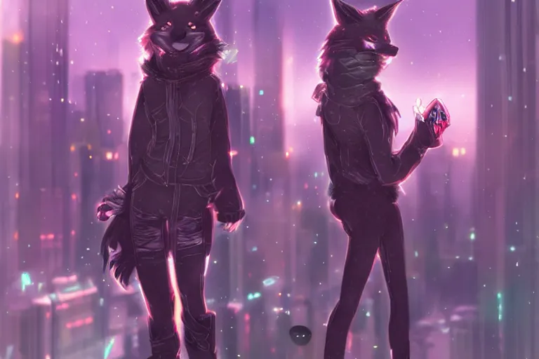 Prompt: a transhuman fox fursona with a fluffy tail in a cyberpunk city, trending on artstation, by kawacy, neon backlighting, furry art