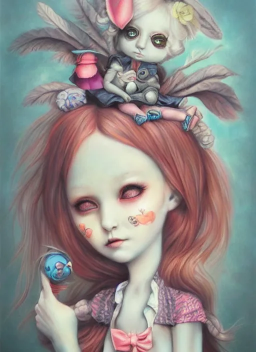 Prompt: pop surrealism, lowbrow art, realistic cute alice girl painting, japanese street fashion, hyper realism, muted colours, rococo, lori earley style,