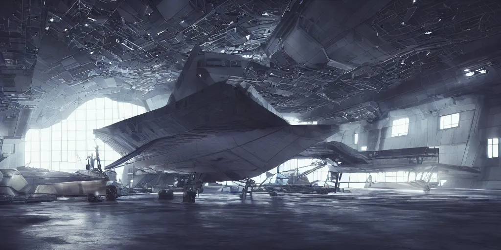 Image similar to space ship battle cruiser in the repair hangar, shallow depth of field, moody lighting, single point of light, 8 k, ultra realistic, octane render,