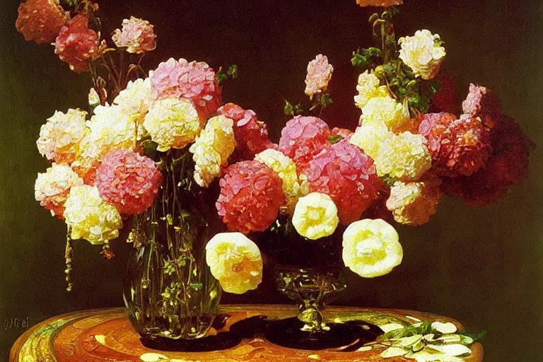 Image similar to vase of melting flowers, surreal oil painting, luminous, highly detailed, dream like, made by frederic leighton, jan davidsz
