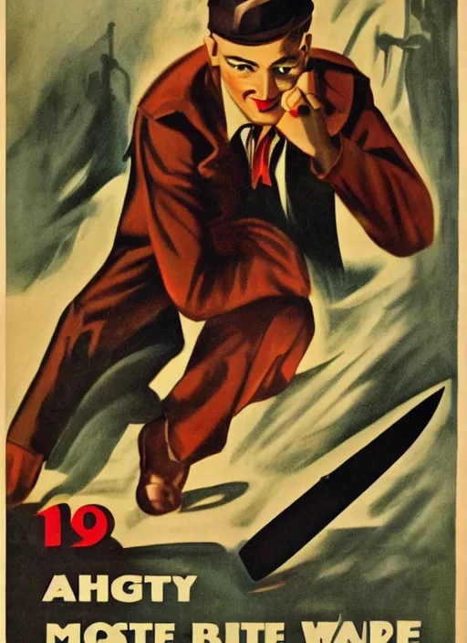 Image similar to mystery man with knife 1940s propaganda poster, full hd,highly detailed