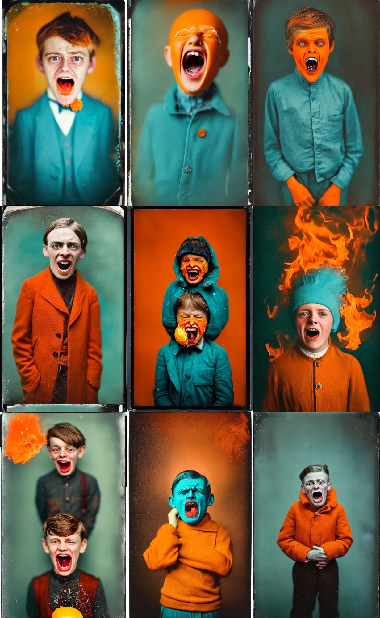 Image similar to kodak portra 4 0 0, wetplate, 8 k, shot of a highly detailed, britt marling style, colour still - life portrait of a lemon looks like a handsome screaming 8 year old boy in a dangerous snow hell fire storm, 1 9 2 0 s cloth, 1 9 2 0 s hair, teal and orange, muted coloures