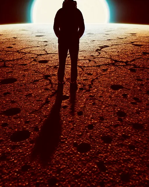 Image similar to a person standing in front of a glowy open door that's on a barren moon, poster art by mike winkelmann, trending on cg society, space art, sci - fi, ue 5, futuristic, volumetric lighting, light casting onto the ground, neat composition and camera angle