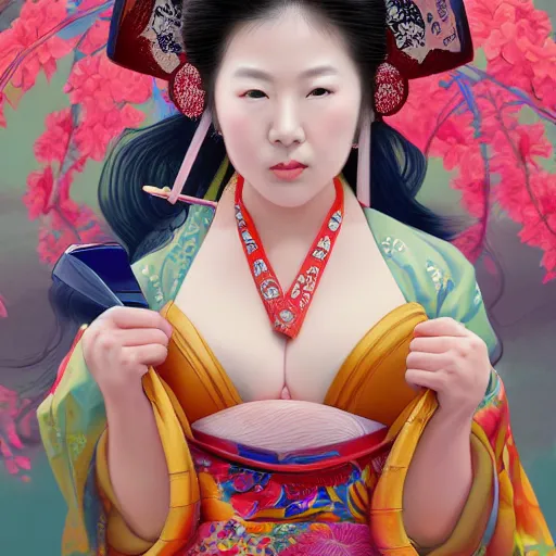 Image similar to Very very very very highly detailed epic central composition studio photography of A Japanese geisha in a colorful bikini, intricate, medieval, extremely detailed, digital painting, artstation, concept art, smooth, sharp focus, illustration, studio lighting, incredible art by Anna Dittmann and Anton Pieck