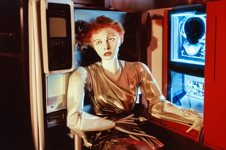 Image similar to beautiful woman robot sitting inside of a galaxy fridge, from 1985, bathed in the glow of a crt television, crt screens in background, low-light photograph, in style of Tyler Mitchell