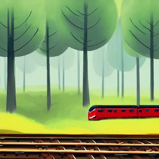 Prompt: a painting of a train traveling through a forest, a storybook illustration by goro fujita, deviantart, american scene painting, matte drawing, 2 d game art, speedpainting