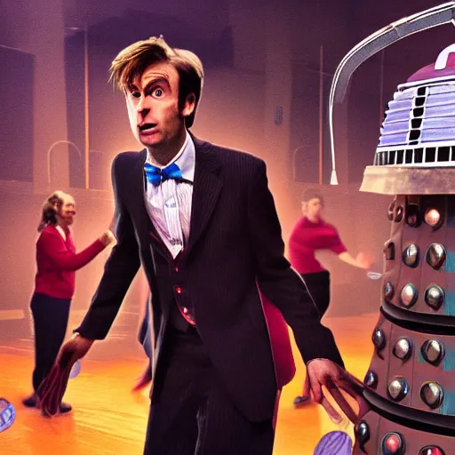 Prompt: the tenth Doctor Who at a polka dancing contest at the YMCA basketball gym, everyone in the background clapping including a Dalek, the Tardis in the background door is open, cgsociety, artstation, UE5, 8K, 4K, HQ