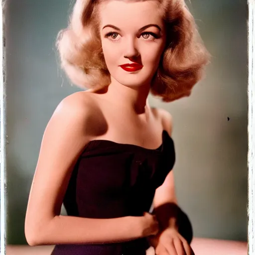 Prompt: an analog 4x5 camera portrait photography of a 1940s hollywood starlet actress, blonde, vivacious, demur, cinematic, portrait color glamour, hq, detailed