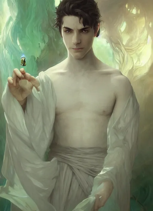 Image similar to character concept portrait of an attractive young focused Spanish wizard with pale green skin enchanting a growing spell, a floating iridescent spell book in the center, intricate, elegant, digital painting, concept art, smooth, sharp focus, illustration, from Metal Gear, by Ruan Jia and Mandy Jurgens and William-Adolphe Bouguereau, Artgerm