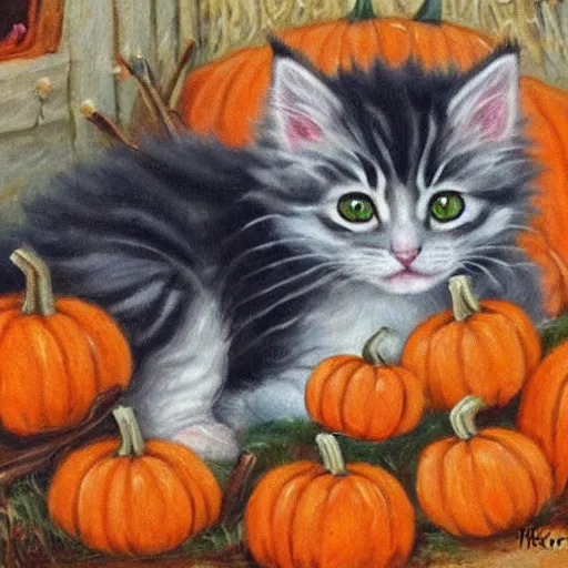 Prompt: a cute fluffy kitten amidst piles of pumpkins. halloween autumn fall art. beautiful painting by henriette ronner - knip