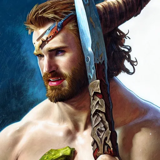 Prompt: portrait of Chris Evans as a shirtless barbarian wielding a greataxe, Blizzard, World of Warcraft, by artgerm and greg rutkowski and alphonse mucha and andrei riabovitchev, 4k oil on linen, vivid colors, colorful, high dynamic range, HDR, intricate, elegant, highly detailed, digital painting, artstation, concept art, smooth, sharp focus, illustration