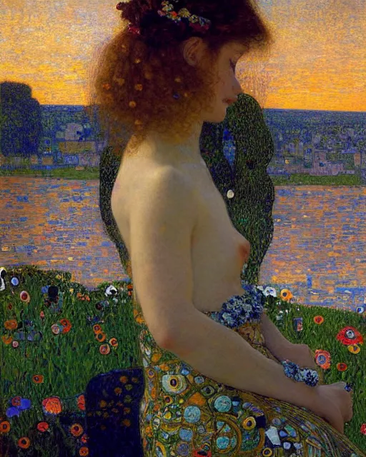 Image similar to a beautiful girl watching the sunset surrounded by colourful intricate patterns, by gustave klimt edgar maxence and caravaggio and michael whelan, intricate painting, hyper realistic, extremely detailed and beautiful aesthetic face, 8 k resolution