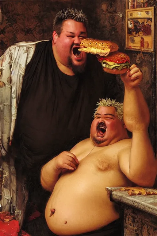 Prompt: greasy shirtless bloated fat guy fieri, holding burger with dripping cheese, cheese dripping from mouth, orientalist intricate portrait by john william waterhouse and edwin longsden long and theodore ralli and nasreddine dinet, hyper realism, dramatic lighting
