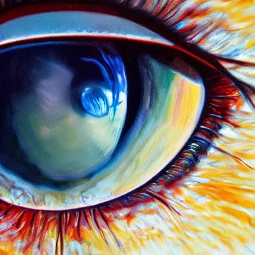 Image similar to a highly detailed photorealistic painting of a human eye reflecting outer space