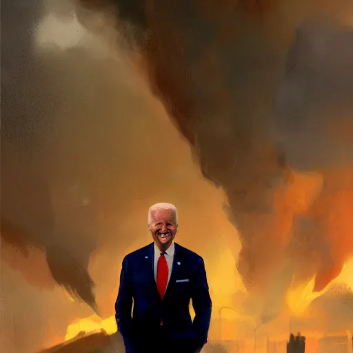 Image similar to joe biden smiling while behind him the world is burning, dramatic lighting, cinematic, establishing shot, extremly high detail, photorealistic, cinematic lighting, artstation, style by James Gurney