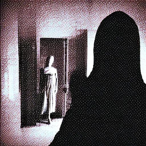 Image similar to A selfie of a woman in a dark room, with a spooky filter applied, with a figure in the background, in a Halloween style.