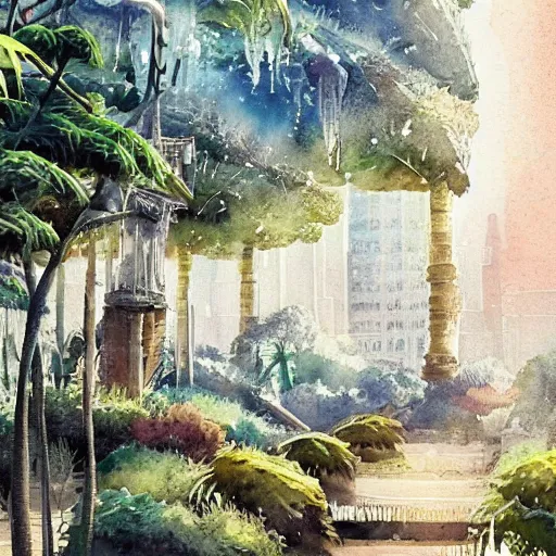 Image similar to Beautiful happy picturesque charming sci-fi city in harmony with nature. Beautiful light. Water and plants. Nice colour scheme, soft warm colour. Beautiful detailed watercolor by Lurid. (2022)