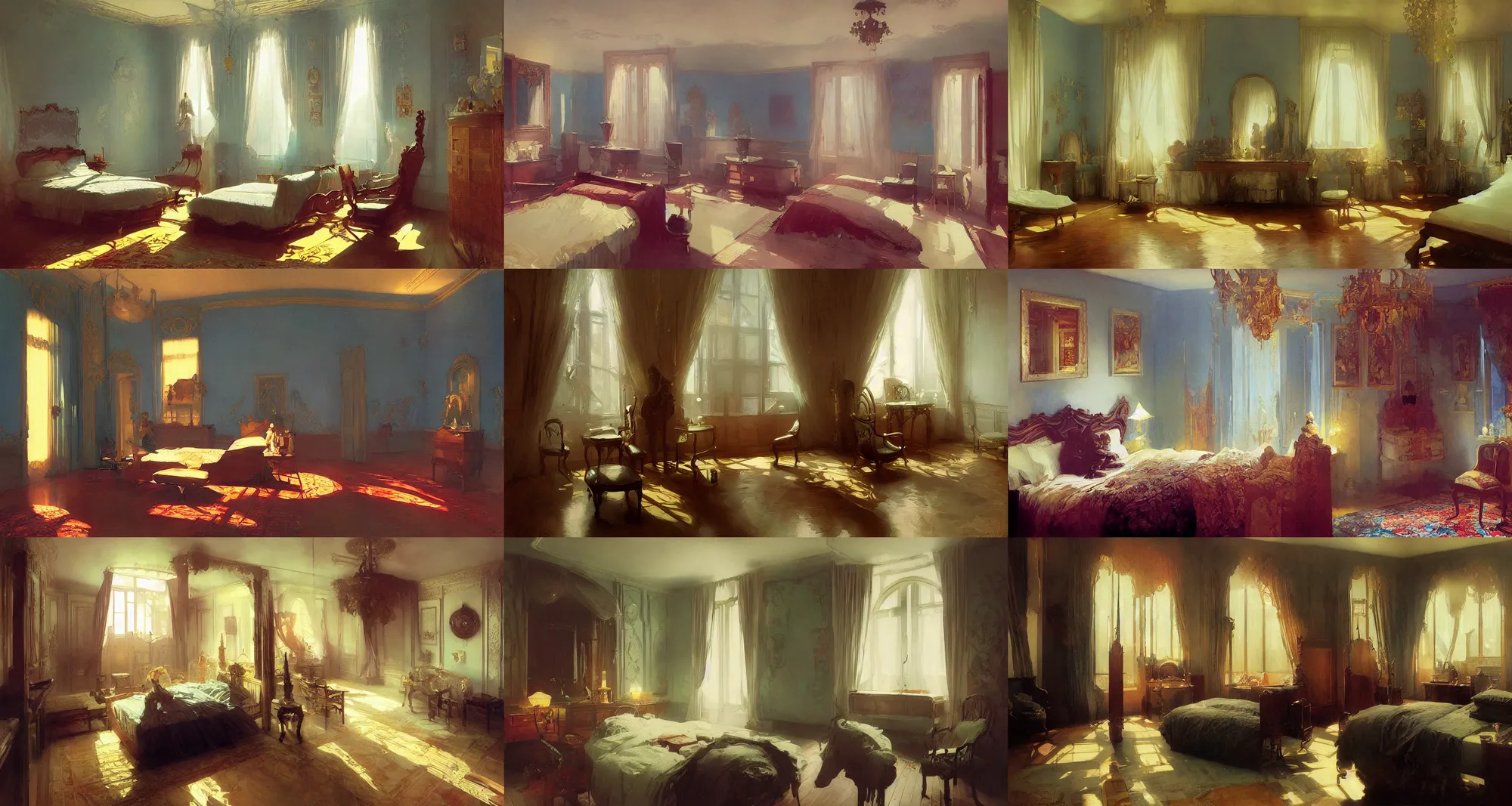 Prompt: bedroom, art nouveau, art by joseph leyendecker, ivan aivazovsky, ruan jia, reza afshar, marc simonetti