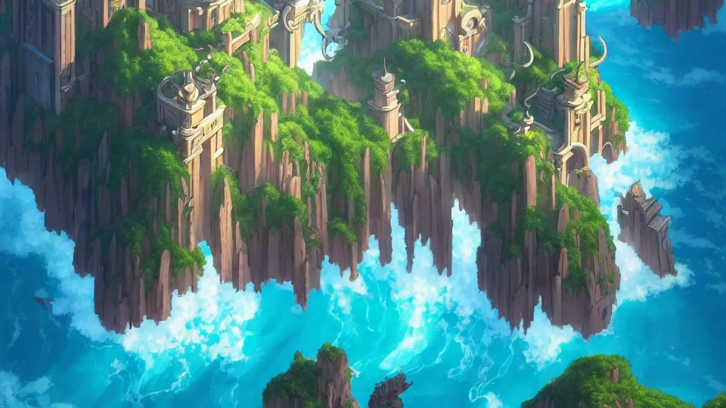 Image similar to atlantis, studio ghibli, pixar and disney animation, sharp, rendered in unreal engine 5, highly detailed, digital painting, artstation, concept art, smooth, sharp focus, illustration, wide angle, artbook, wallpaper, splash art, promo art, dramatic lighting, art by artgerm and greg rutkowski and bo chen and jin xiaodi