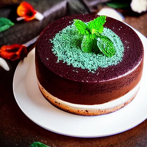 Image similar to “Food photography of “chocolate mint mousse cake” with garnishes, 85mm f1.2, extremely detailed”