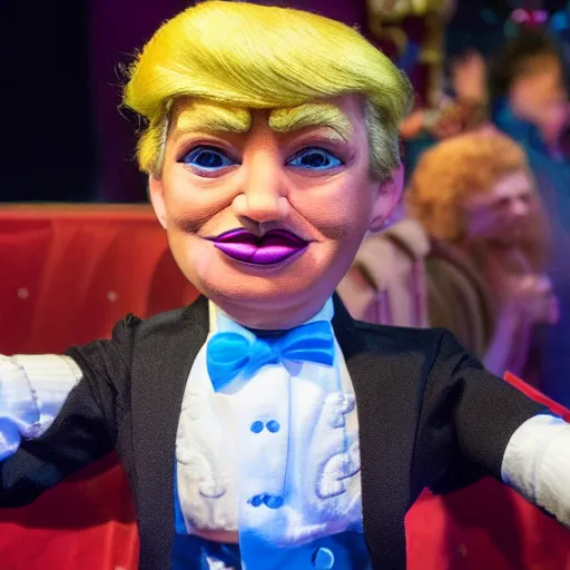 Image similar to a six year old child puppet in the its a small world ride in real life that looks exactly like donald trump, highly detailed, high definition, ultra realistic