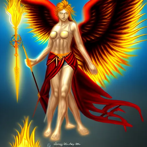 Prompt: flying fiery angelic six-winged warrior, fantasy art