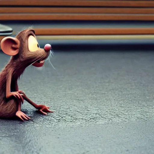 Prompt: sad anthropomorphic rat, pixar, 3 d, sad, lonely, moody lighting, wearing a fur coat, in the rain, at night, sitting on a park bench