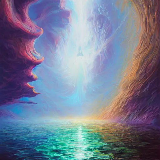Prompt: the laws of physics break down and there only an infinite present, in which all points in time are equally real. surrealist acrylic painting by andreas rocha and alena aenami, pastel colors, featured on artstation, metaphysical, fluid acrylic pour art, airbrush art, rococo