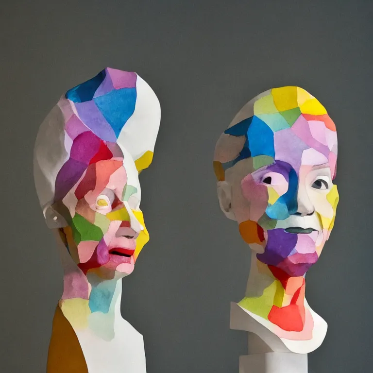 Prompt: beautiful studio photograph of colorful abstract geometric postmodern portrait sculpture of audrey hepburn smiling, made of watercolor - painted plaster on a pedestal by ron mueck and matthew barney and greg rutkowski, hysterical realism intense cinematic lighting shocking detail 8 k