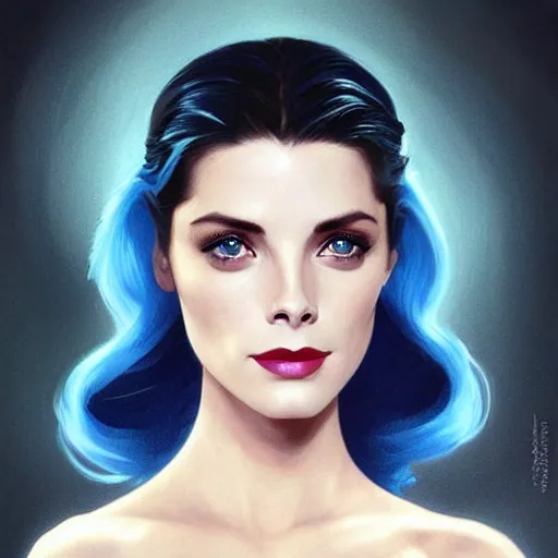 Image similar to Ashley Greene's face combined with Grace Kelly's face with blue hair as Bat Girl, western, D&D, fantasy, intricate, elegant, highly detailed, digital painting, artstation, concept art, matte, sharp focus, illustration, art by Artgerm and Greg Rutkowski and Alphonse Mucha