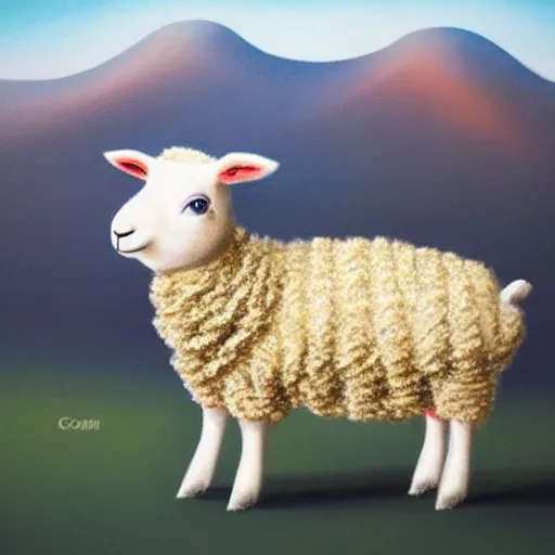 Prompt: lamb wearing a sweater, canon portrait, full body shot 4k, hills in the background, symmetry!!, coherent, photorealistic, cold colors, Scotland artstation,