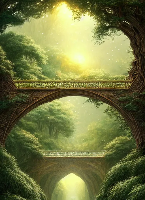 Image similar to book cover!!!!!!!!!!!!, old bridge, ivy vector elements at each border, fantasy forest landscape, fantasy magic, light night, intricate, elegant, sharp focus, illustration, highly detailed, digital painting, concept art, matte, art by wlop and artgerm and ivan shishkin and andrey shishkin, masterpiece