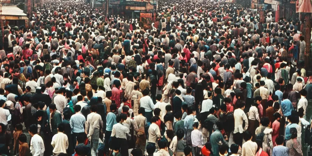 Prompt: Crowded Shangai Markets 1970's colored photo