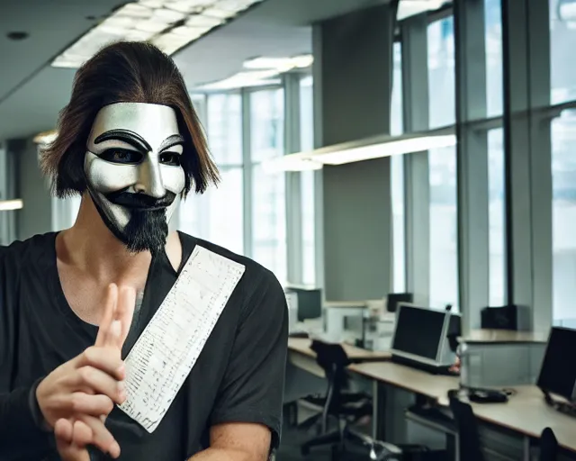 Image similar to man wearing guy fawkes mask doing science in large corporate laboratory, photo, cinematic lighting