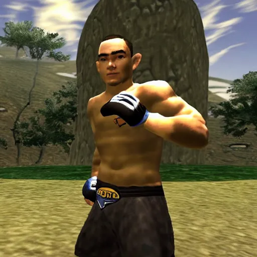 Image similar to character screenshot of ufc fighter colby covington in ocarina of time, n 6 4 graphics, field, sd video, legend of zelda, dialog text